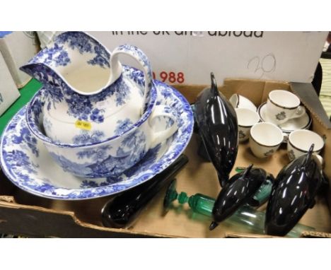 A box containing various china and glassware to include three Poole Dolphins of graduation sizes, a Minton's wash set to incl