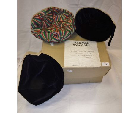 A Belville Sassoon hat box containing three vintage hats, one velvet bearing label 'Forge Head London', another velvet hat an