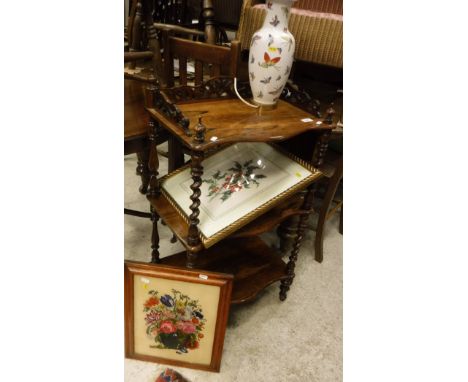 A Victorian mahogany What-not together with a modern lamp and two pictures