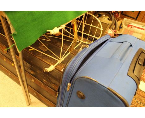 A vintage wood and canvas trunk, an antler suitcase and a metal framed plant pot stand