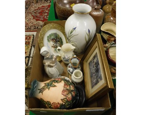 A box of various china to include a Tupton ware style lamp, a Lladro figure etc