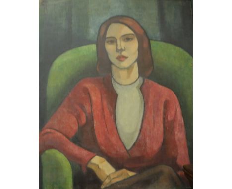 Portrait of seated woman, oil on canvas, initialled top left artist unknown