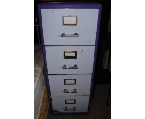 A painted four drawer metal filing cabinet, two Lloyd Loom linen baskets, a metal trunk which bears registration mark to the 