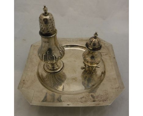 A Victorian silver sugar caster (Birmingham 1892 by Nathan &amp; Hayes), a silver pepperette and an early 20th Century silver
