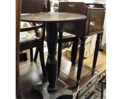 A mahogany pedestal occasional table, a Georgian oak square washstand, an oak circular occasional table on tripod base, mahog