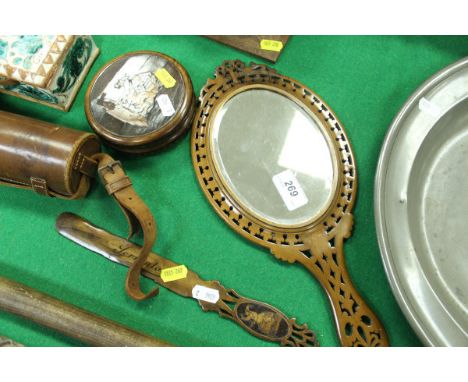 Three items of 19th Century Sorrento ware including mirror, paperknife and circular box and a Continental glazed terracotta r