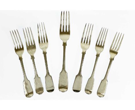 A pair of William IV silver dessert forks by Elizabeth Eaton. London 1850; together with two other dessert forks and a table 