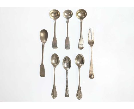 A selection of silver George III and later spoons and a fork. To include a pair of fiddle pattern mustard spoons by William E