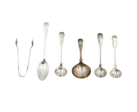A George IV silver caddy spoon by William Esterbrook. London 1822, length 9.5cm; together with a pair of George III Newcastle