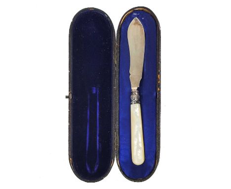 A Victorian silver-bladed butter knife with a mother-of-pearl handle by George Unite. Birmingham 1888, length 19cm, within or