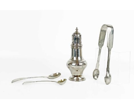 A George V silver pedestal pepperette by S Blanckensee & Son Ltd. Height 14cm, Birmingham 1930; together with a pair of sugar