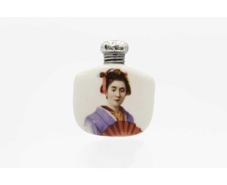 A silver lidded ceramic scent bottle decorated with a Geisha girl.  Height 5cm, Birmingham 1903. The estimated in-house shipp