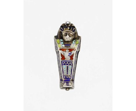 A silver and enamel Egyptian Sarcophagus hinged charm. Length 30mm, 3.2g. Lacking mummy. The estimated in-house shipping to a