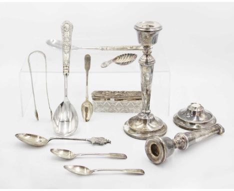 A selection of silver. To include a modern George III style scallop shell caddy spoon, a pair of Georgian sugar tongs, a larg