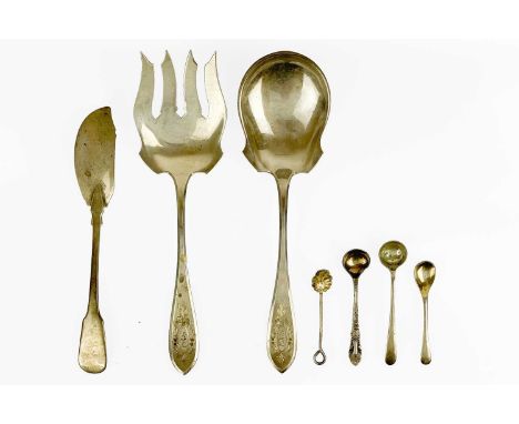 A silver serving fork and spoon marked STERLING. With a foliate engraving to the handles; together with a silver butter knife