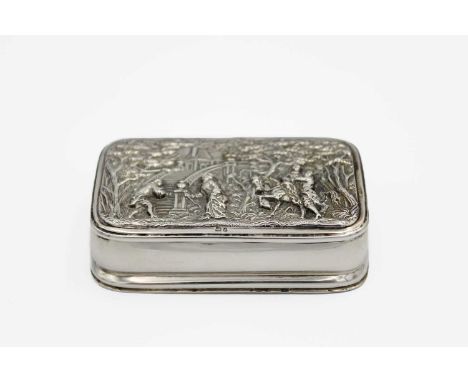 An Edwardian silver snuff box by George Unite.  The hinged cover embossed with figures in an outdoor scene, with gilt interio