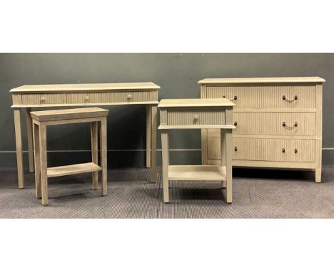 A group of modern grey painted bedroom furniture to include a three drawer side table 75x 111 x 56cm, a chest of three long d