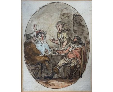 Attributed to Thomas Stothard, RA (1755-1834) A sketch of figures conversing in a tavern interiorwatercolour and ink on paper