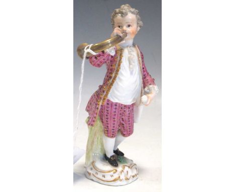 A late 19th century Meissen figure of a boy blowing a bugle 13.5cm highminor fracturing to the base and the tree stump. some 
