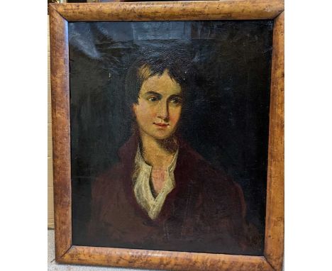 British Provincial School, 19th century Portrait of a young man, bust-length, wearing a red jacketoil on canvas, in a maple v