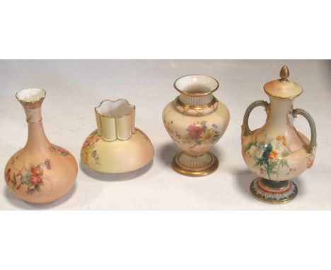 A Royal Worcester twin-handled vase and cover painted with thistles, together with three further Worcester vases, tallest 17c