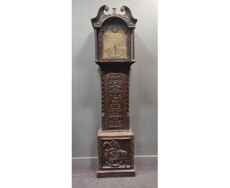 A George III later-carved oak longcase clock, the brass dial marked 'Pattison, Halifax', with 3 train 8 day movement with two