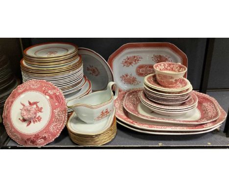 A quantity of Copeland Spode red Newburyport plates, side plates, dessert bowls and other wares; together with Spode pink Cam