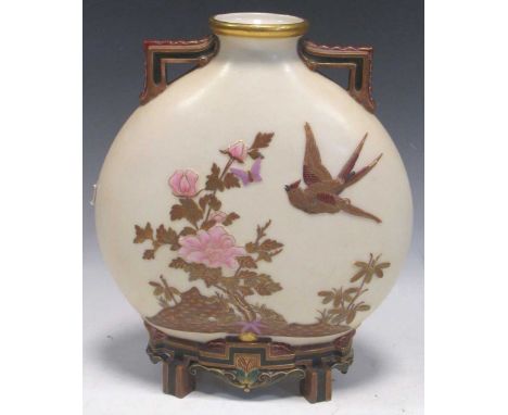 A Victorian Royal Worcester aesthetic style 'Japanese' moonflask, 27cm highSome rubbing to the decoration and surface dirt. 