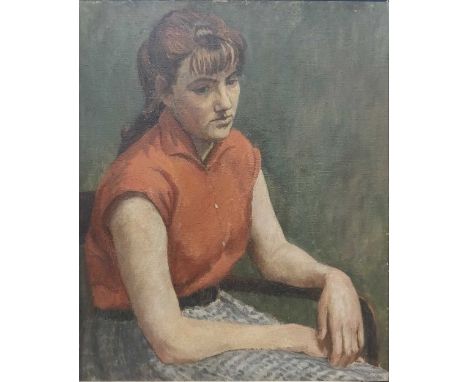 Rachel Ann Le Bas NEAC, RE (1923-2020 portrait of a girl seated wearing a red short sleeved shirt, and patterned dresssigned 