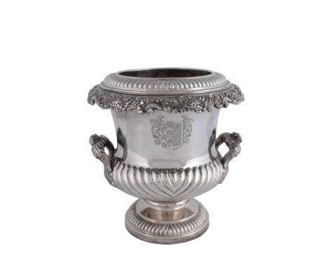 A George IV old Sheffield plate campana shaped wine cooler, collar and liner, unmarked, circa 1820, the collar gadrooned. the