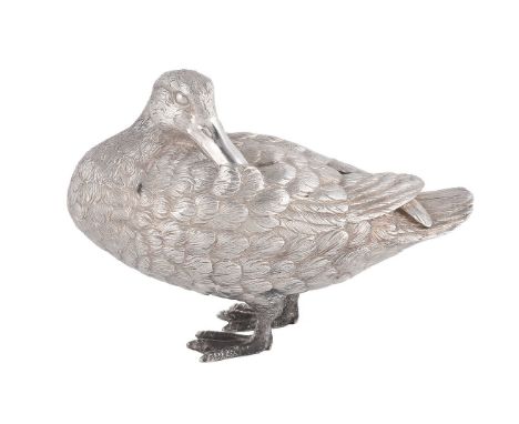 A silver model of a mallard duck by Richard Comyns, London 1989, standing resting, 10cm (4in) high, 15cm (6in) long, 559g (18