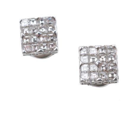 A pair of diamond earrings, the square panels set with step cut diamonds with brilliant cut diamond set borders, approximatel