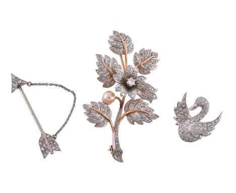 A diamond arrow brooch, set with rose cut diamonds, 3.8cm long; a diamond set swan brooch, 1.8cm wide; and a diamond and cult