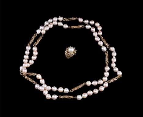 A cultured pearl and diamond ring, the cultured pearl 9.5mm, applied on a bombé trellis surround interspersed with single cut