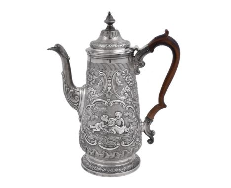 A George IV silver tapered coffee pot by John Page, London 1823, with a bell finial to the conical cover, a wooden double scr