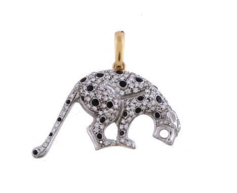 A diamond and enamel leopard pendant, the leopard set with brilliant cut diamonds, and circular panels of black enamel, stamp