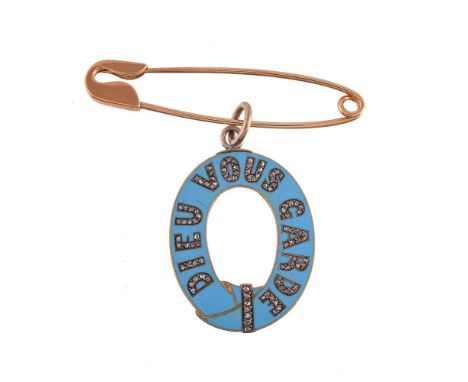An enamel and diamond pendant, the oval blue enamel panel inset with rose cut diamonds spelling DIEU VOUS GARDE, on a pin, st