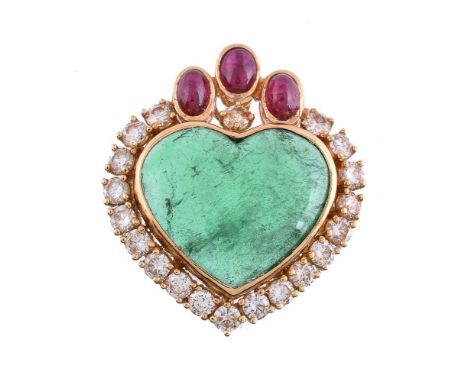 An emerald, ruby and diamond heart pendant, the central heart shaped emerald within a surround of brilliant cut diamonds, app