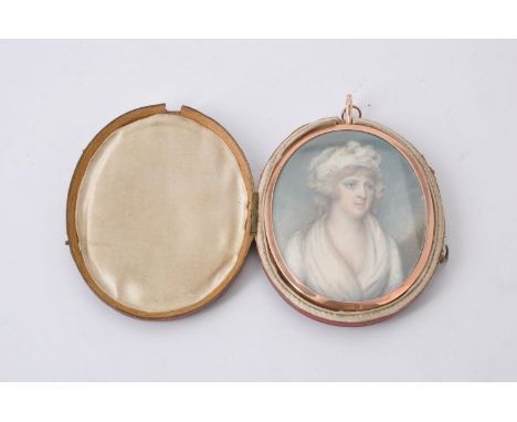 ϒBritish School (mid 19th century), portrait of a lady wearing a white bandana and a white dress, watercolour on ivory, 7.7cm