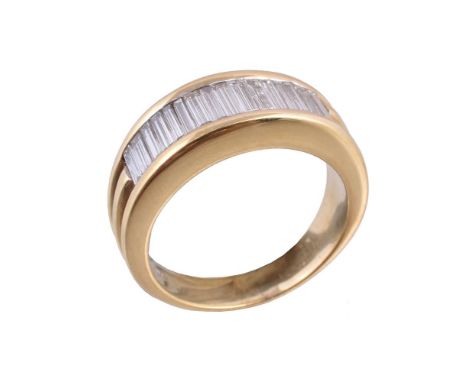 A diamond ring, channel set with baguette cut diamonds, approximately 0.90 carats total, finger size K