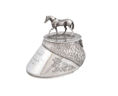 A Victorian silver novelty presentation desk box by Leopold Henry Radclyffe, London 1853, modelled as a horse's hoof, with a 