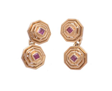 A pair of synthetic ruby cufflinks, the double sided cufflinks of octagonal design, each set with a square cut ruby, 1.8cm lo