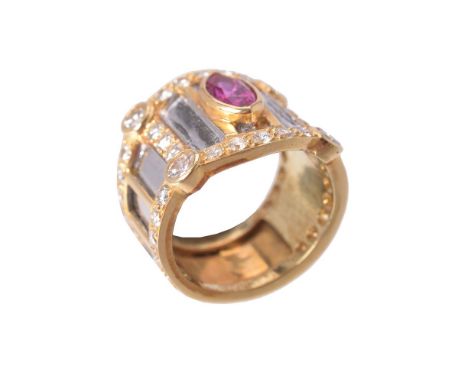 A ruby and diamond band ring, the collet set marquise ruby on a white panel surround, the yellow borders set with brilliant c