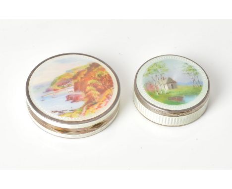 Two German or Austrian silver and enamel circular boxes, the larger a powder compact painted with a seaside village, partial 
