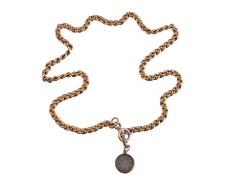 A gold coloured chain, the curb link chain suspending a miniature compass, stamped 9c, 49cm long, 37.4g gross