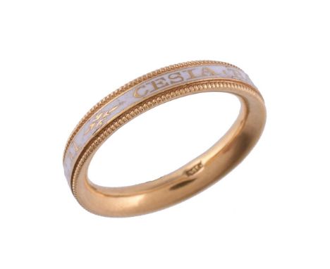 A late 18th century mourning ring, the central white enamel band with inscription for 'Cesia Barne Ob 11 Feb 1781 AET 11', in
