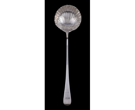 An early George III silver old English feather edge soup ladle by Robert Sallam, London 1766, bottom marked, engraved with a 