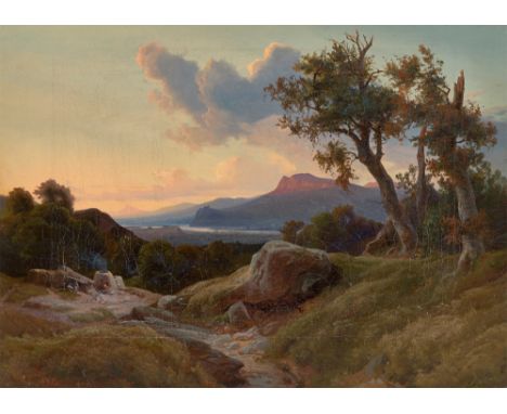 (See English version below)Johann Hermann Camiencke (Hamburg 1810 – 1867 Brooklyn). Flusslandschaft im Abendlicht. 1847Öl auf