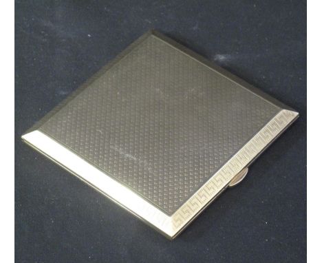 9CT GOLD ENGINE TURNED CIGARETTE CASE with Grecian key border. Presentation inscription dated 1960 inside. 9cm square approx,