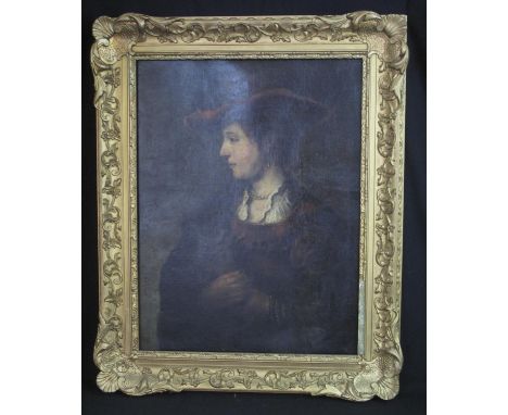 BRITISH SCHOOL (19th Century), portrait of a pensive woman in 18th Century dress, oils on canvas, laid on modern wooden backi